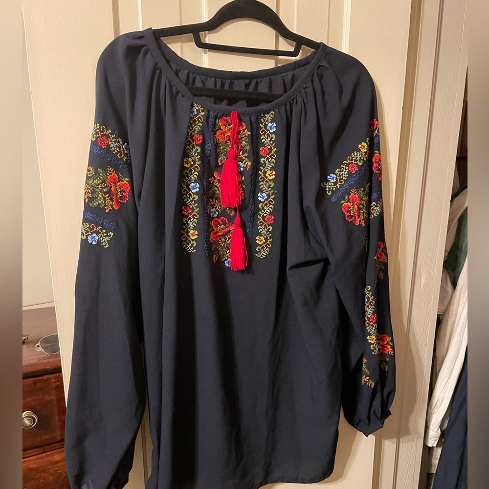 Ukrainian Folk Embroidered Blue Blouse